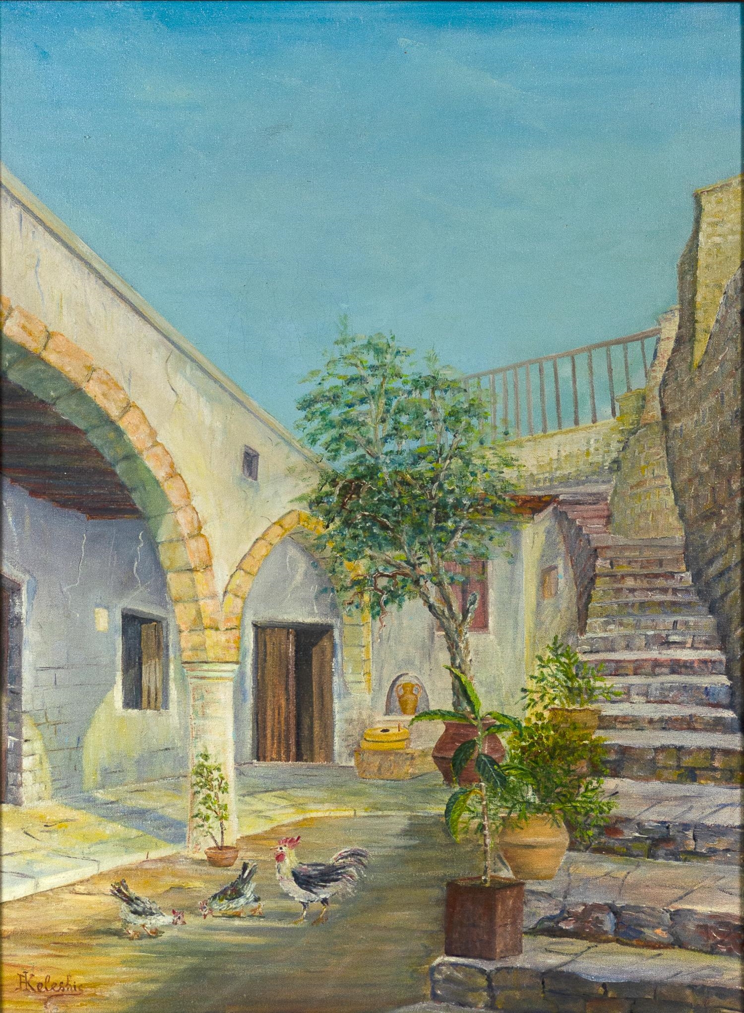 Artwork by Andreas Keleshis, Courtyard, Lania village, Made of oil on canvas