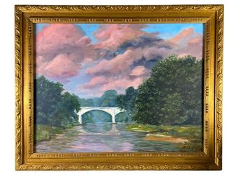 Titled Brisge Over Waters signed by Richard Chalfant. Ornate gold frame. Has minor damages to corners. Canvas measures 30 x 40 inches. - Richard Chalfant
