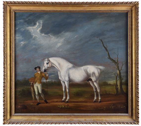 Grey stallion held by groom - Richard Roper