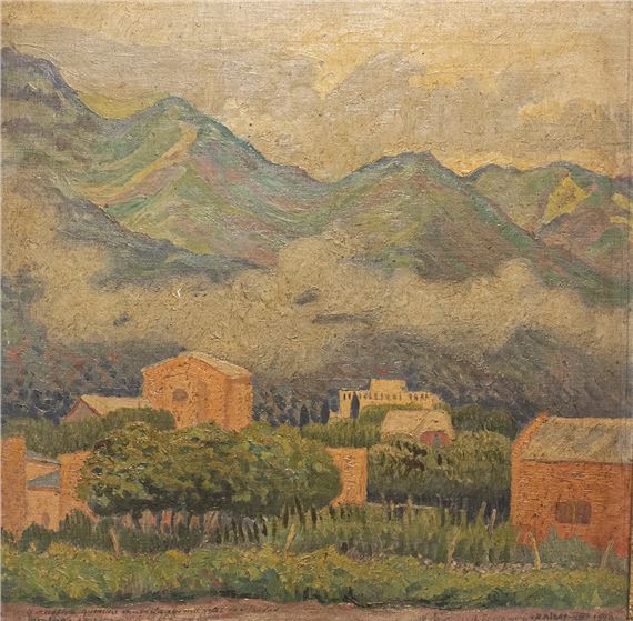 A textured landscape painting of a village nestled at the foot of misty mountains.