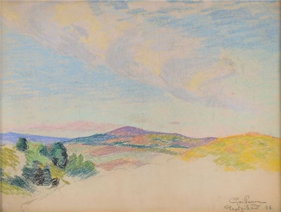 A pastel landscape study of rolling hills under a soft, cloudy sky.