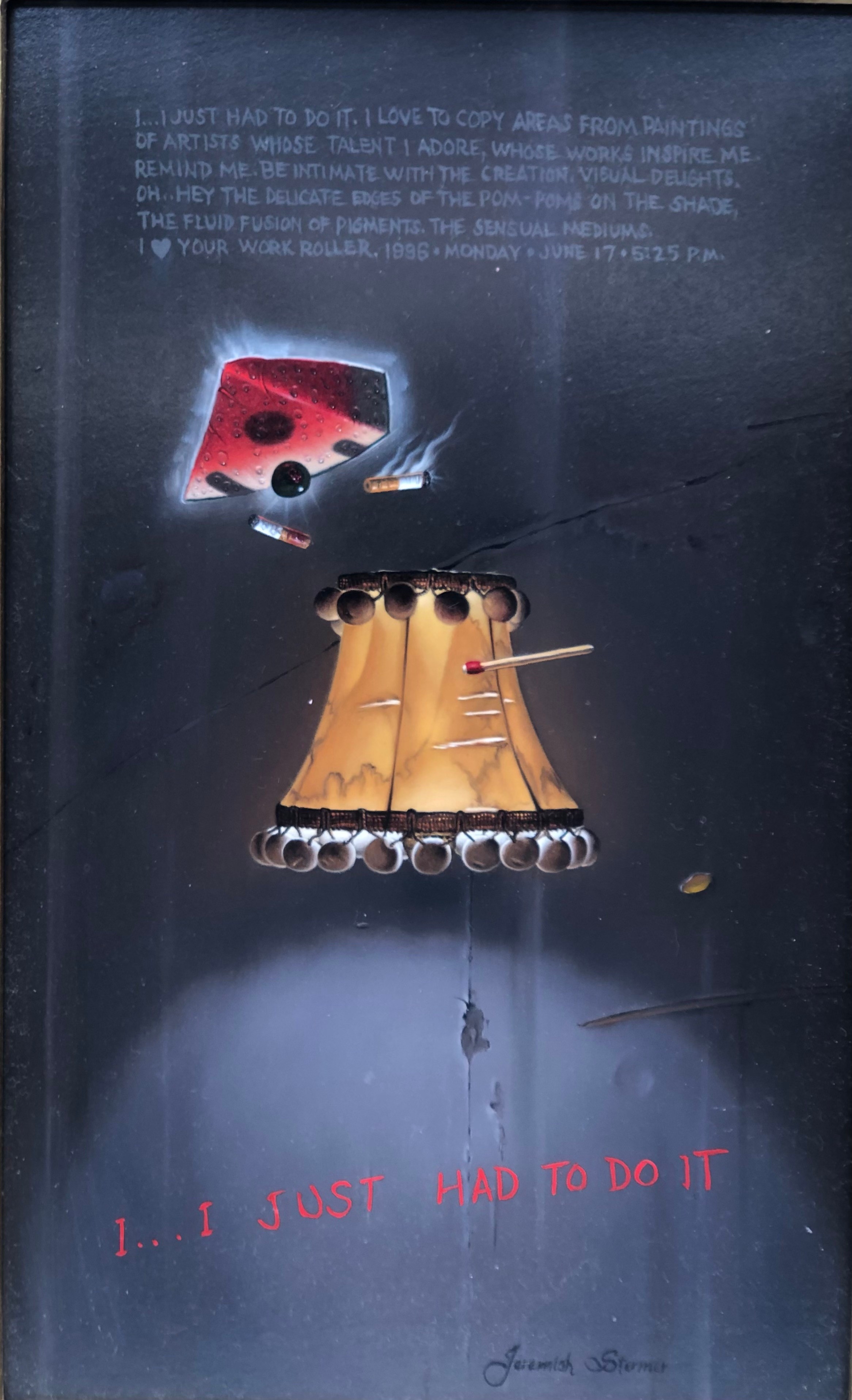 Artwork by Jeremiah Stermer, surrealist still life composition, Made of oil on board