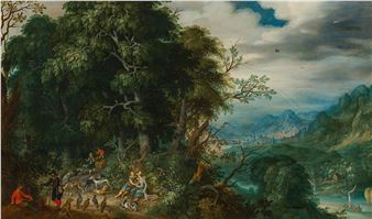 Forest landscape with resting company during a falcon hunt - Alexander Keirincx