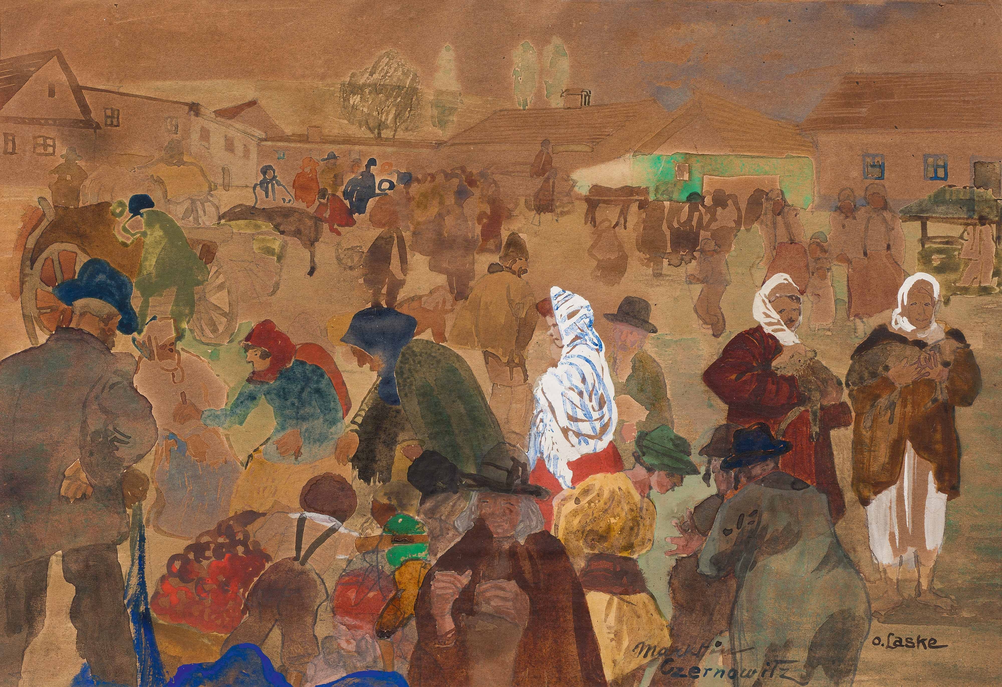 Artwork by Oskar Laske, Markt in Czernowitz, Made of watercolour, gouache on paper