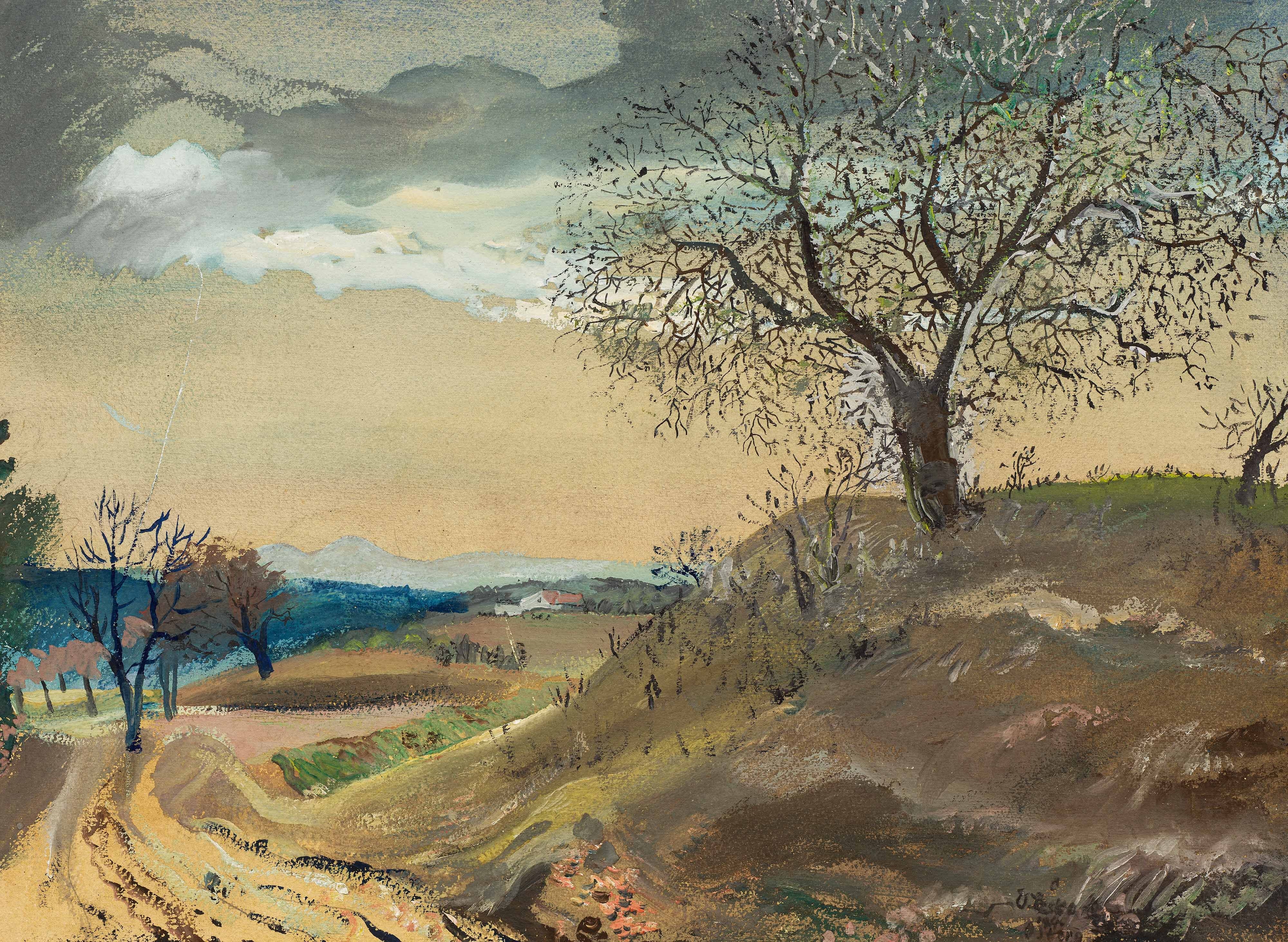 Artwork by Oskar Laske, Hilly landscape, Made of watercolour, gouache on paper