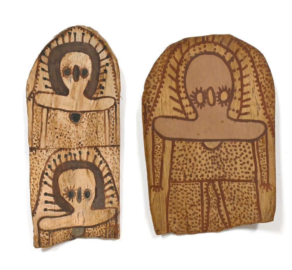 Artwork by Lily Karadada, WANDJINA'S, Made of ochre on bark