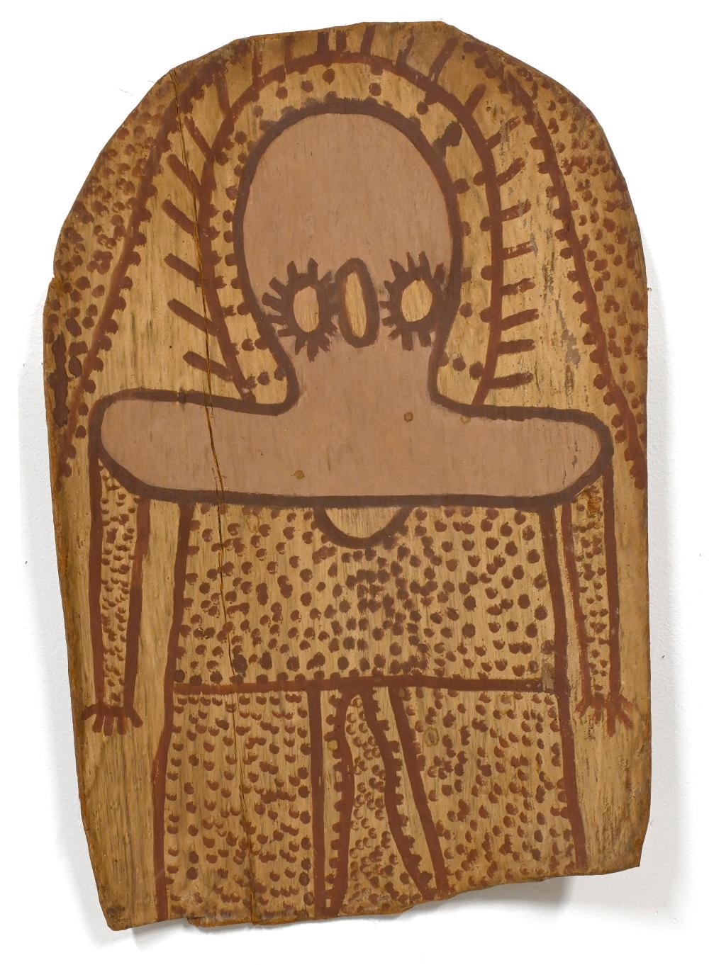 Artwork by Lily Karadada, WANDJINA'S, Made of ochre on bark