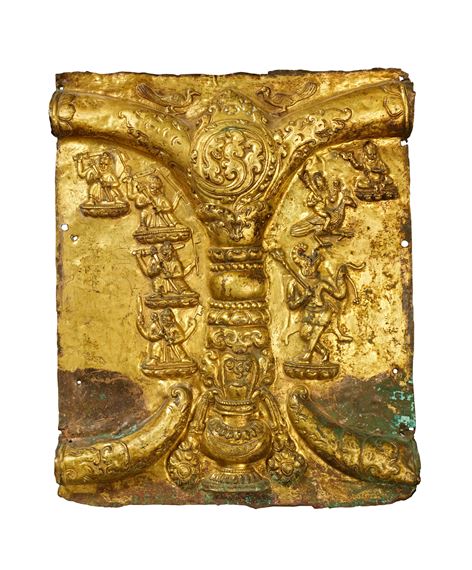 A Tibetan  alloy repoussé plaque with an architectural motif and deities by Tibetan School, 15th Century, 15th century