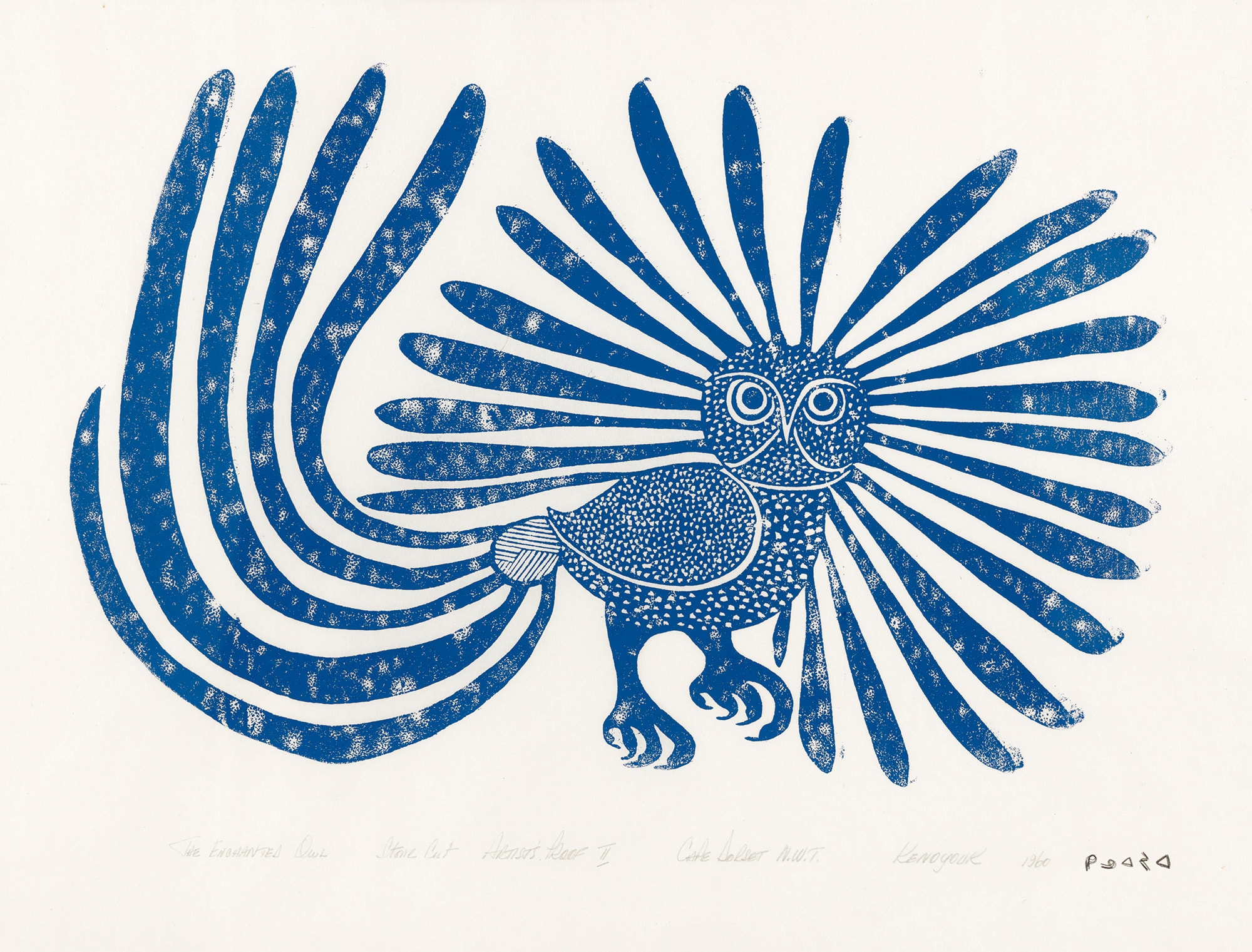 Artwork by Kenojuak Ashevak, The Enchanted Owl, Made of stonecut print in blue ink