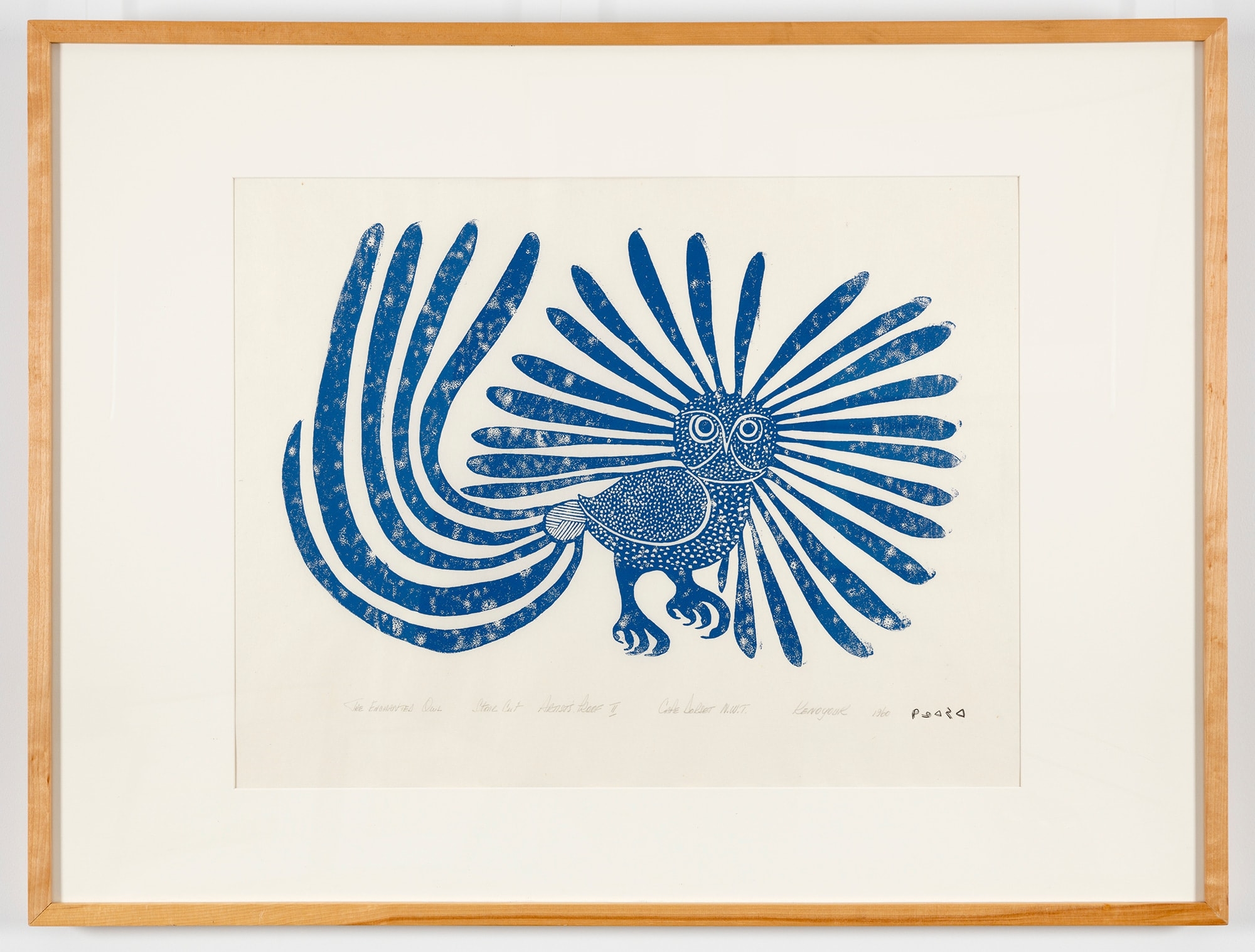 Artwork by Kenojuak Ashevak, The Enchanted Owl, Made of stonecut print in blue ink