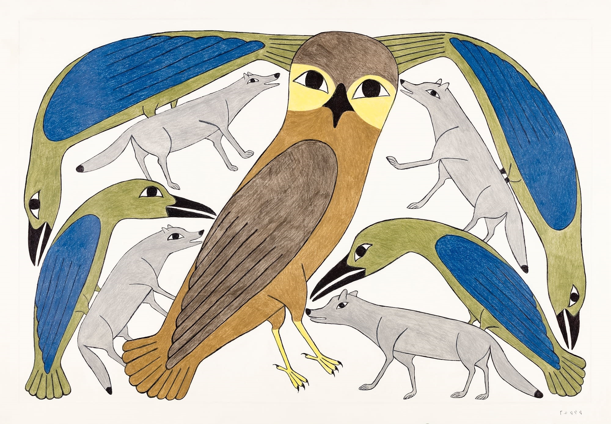 Artwork by Kenojuak Ashevak, Owl Protected by Wolves and Birds, Made of coloured pencil on paper