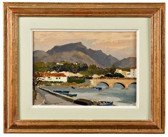 Basque landscape with bridge and boats - Philippe Veyrin