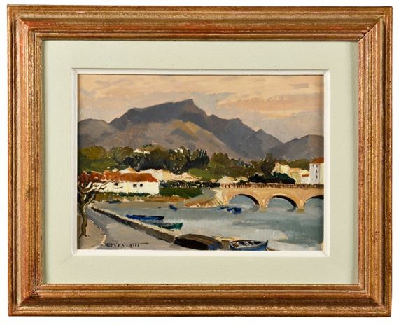 Basque landscape with bridge and boats by Philippe Veyrin