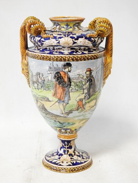 Artwork by Ulysse Besnard, - BLOIS  baluster vase on pedestal decorated with a lansquenet, Made of Polychrome earthenware