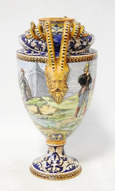 Artwork by Ulysse Besnard, - BLOIS  baluster vase on pedestal decorated with a lansquenet, Made of Polychrome earthenware