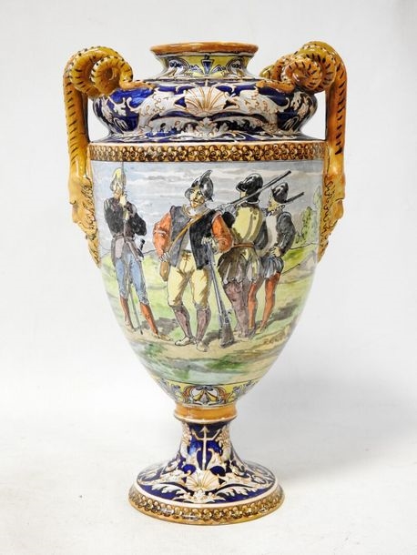 Artwork by Ulysse Besnard, - BLOIS  baluster vase on pedestal decorated with a lansquenet, Made of Polychrome earthenware