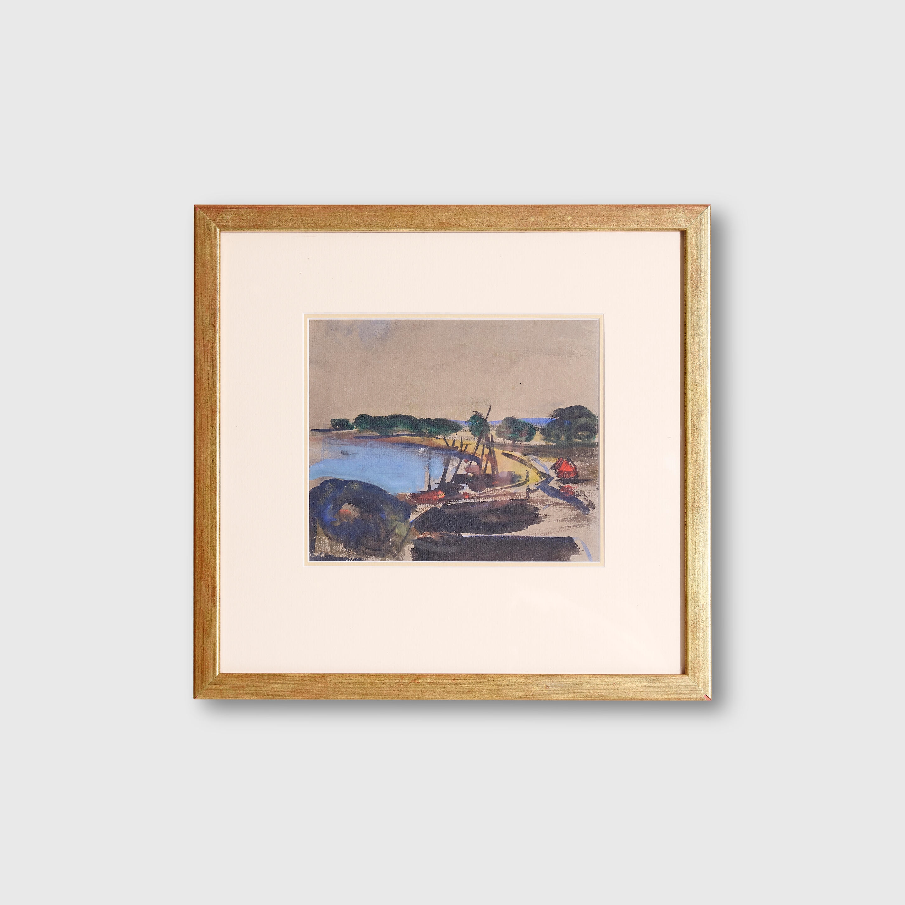 Artwork by Fred Williams, Boats on the Shore of the Bay, Made of gouache and ink on paper