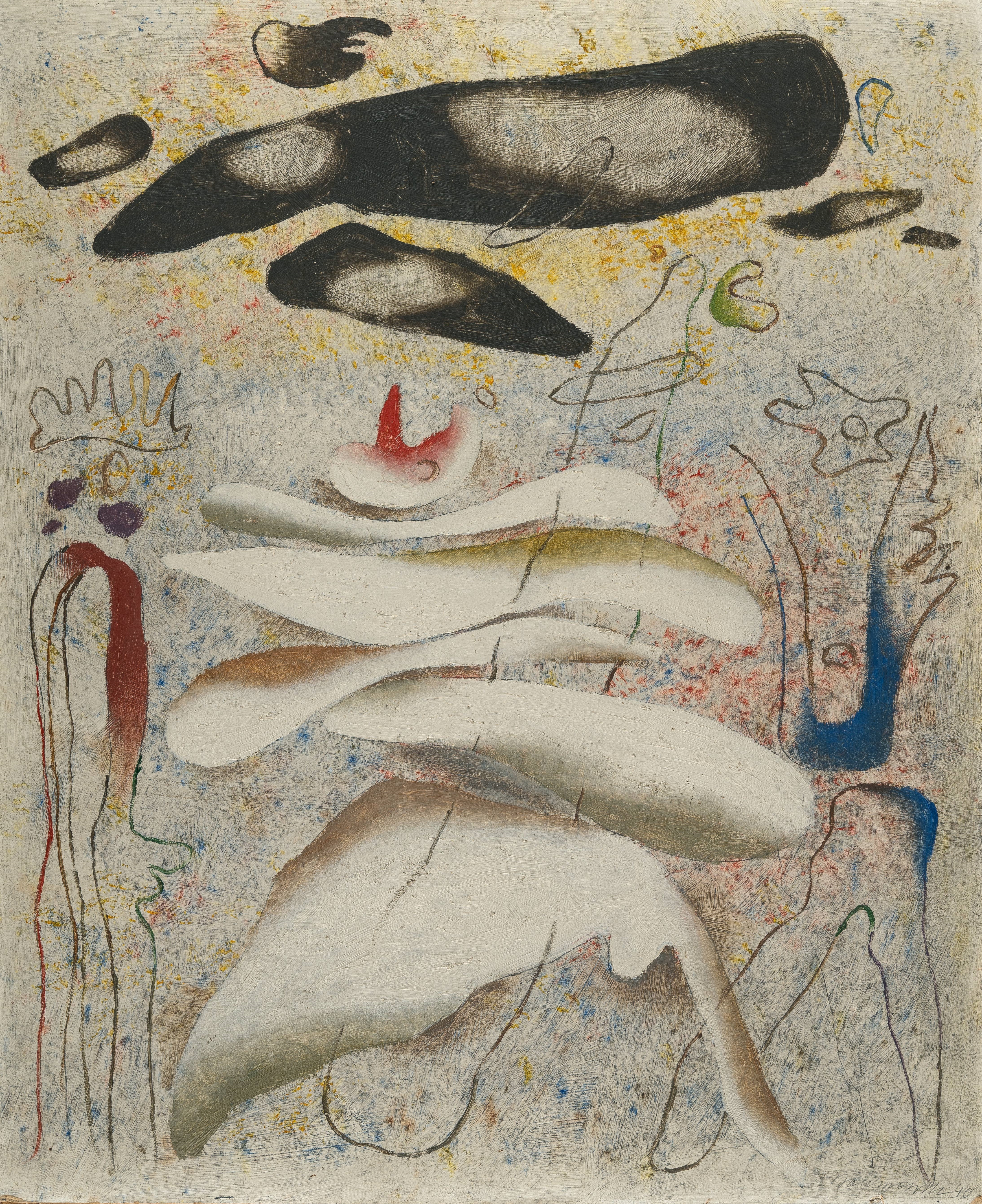 Artwork by Willi Baumeister, Schwarz über Weiss (Sterbender Schwan)” (Black over white (Dying Swan, Made of Oil on cardboard, mounted on wooden mouldings. 1940 C. 65.5 x 54 cm. Signed and dated lower right. Dated and titled again on the reverse, inscribed “Besitz Baumeister” and with the artist’s dedication dated “16.2.51” to Hanna Bekker vom Rath