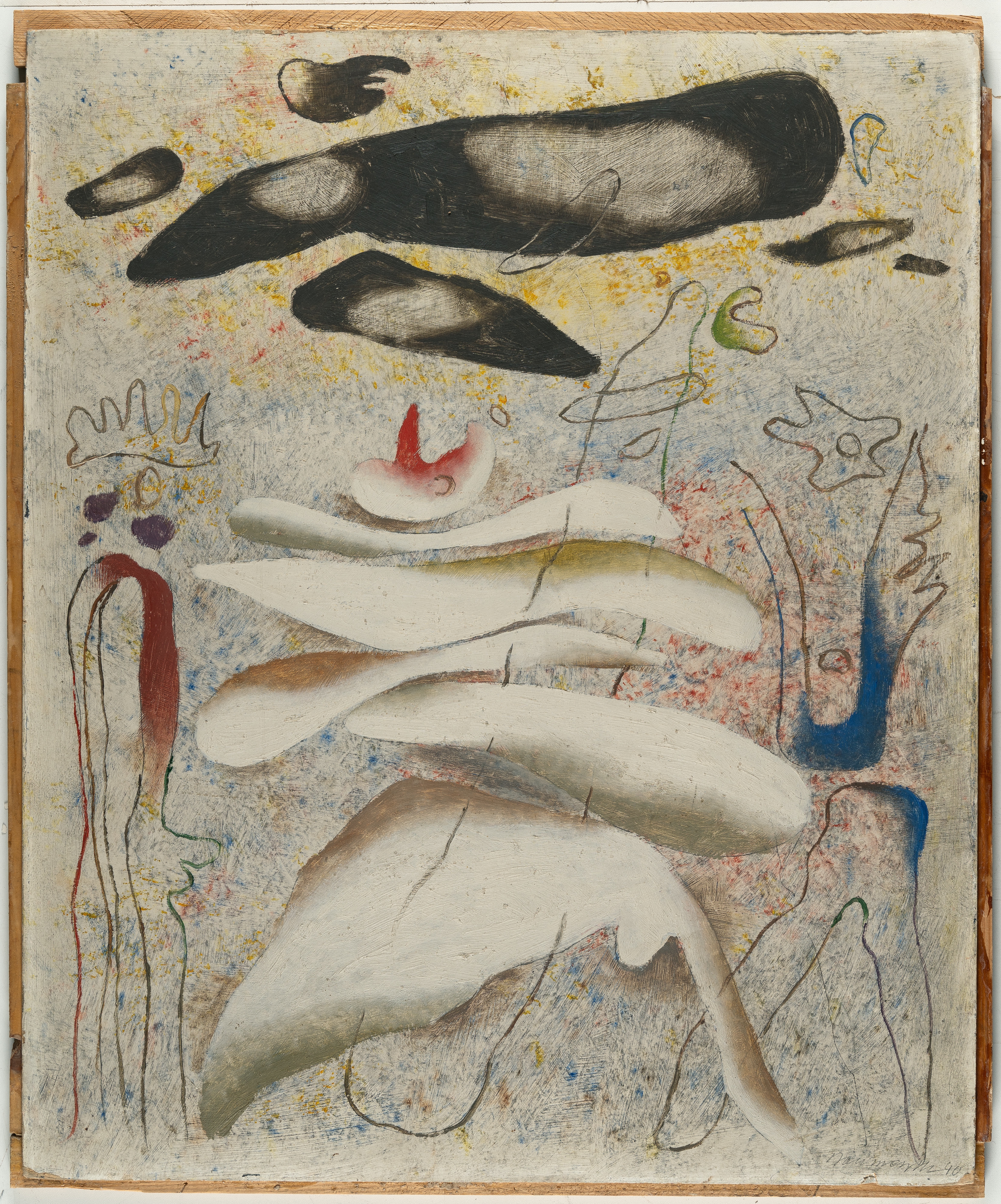 Artwork by Willi Baumeister, Schwarz über Weiss (Sterbender Schwan)” (Black over white (Dying Swan, Made of Oil on cardboard, mounted on wooden mouldings. 1940 C. 65.5 x 54 cm. Signed and dated lower right. Dated and titled again on the reverse, inscribed “Besitz Baumeister” and with the artist’s dedication dated “16.2.51” to Hanna Bekker vom Rath