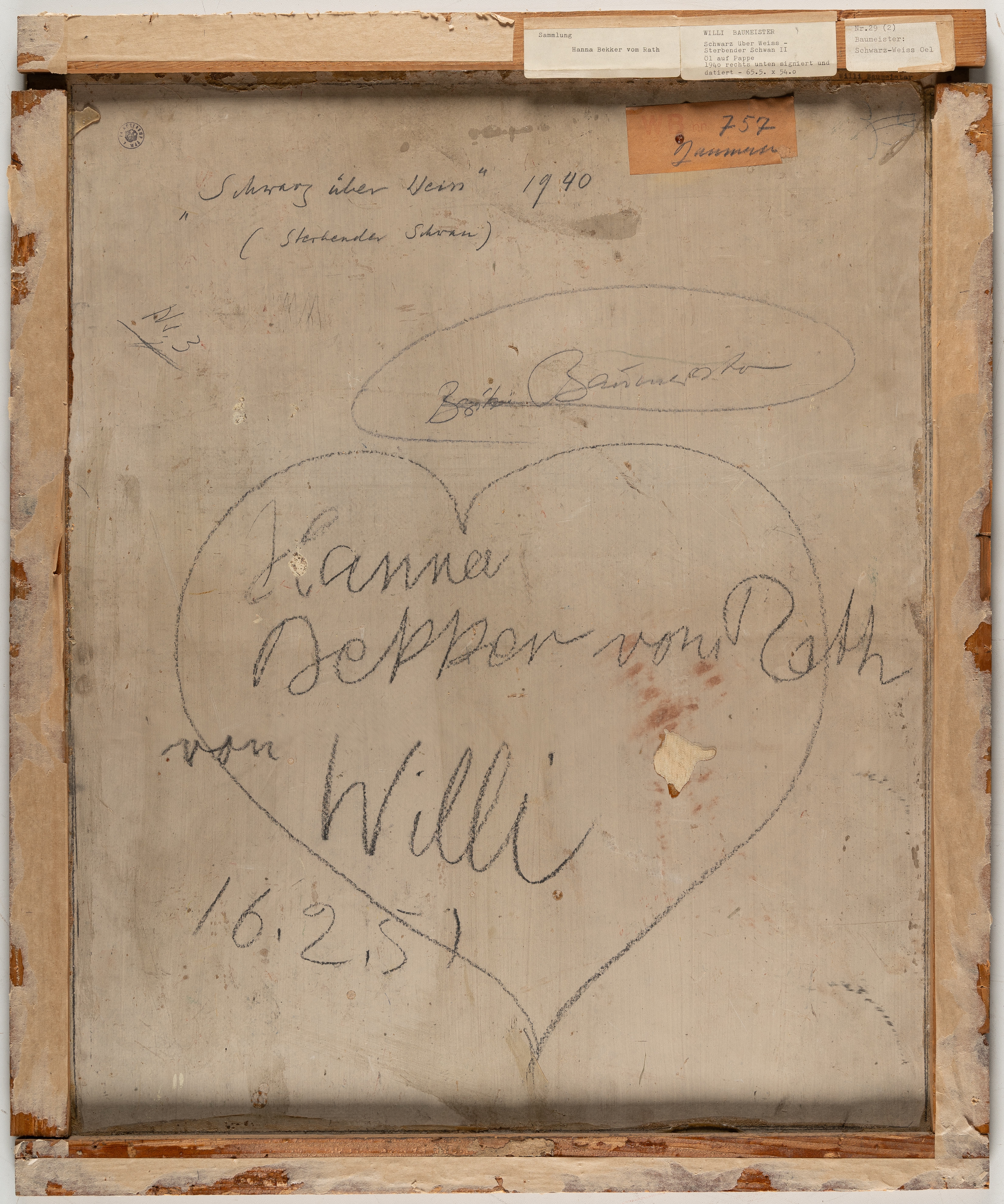 Artwork by Willi Baumeister, Schwarz über Weiss (Sterbender Schwan)” (Black over white (Dying Swan, Made of Oil on cardboard, mounted on wooden mouldings. 1940 C. 65.5 x 54 cm. Signed and dated lower right. Dated and titled again on the reverse, inscribed “Besitz Baumeister” and with the artist’s dedication dated “16.2.51” to Hanna Bekker vom Rath