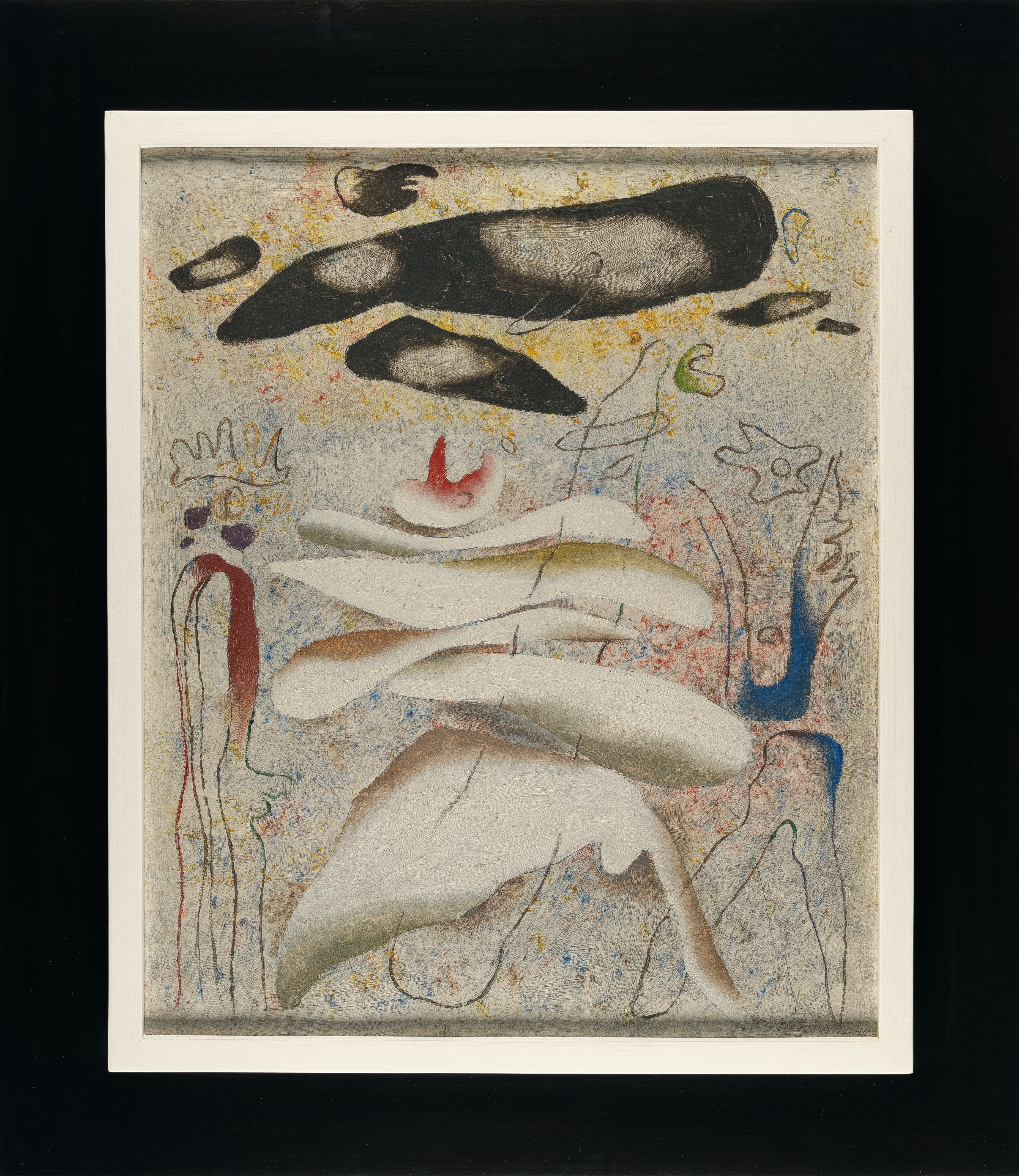 Artwork by Willi Baumeister, Schwarz über Weiss (Sterbender Schwan)” (Black over white (Dying Swan, Made of Oil on cardboard, mounted on wooden mouldings. 1940 C. 65.5 x 54 cm. Signed and dated lower right. Dated and titled again on the reverse, inscribed “Besitz Baumeister” and with the artist’s dedication dated “16.2.51” to Hanna Bekker vom Rath
