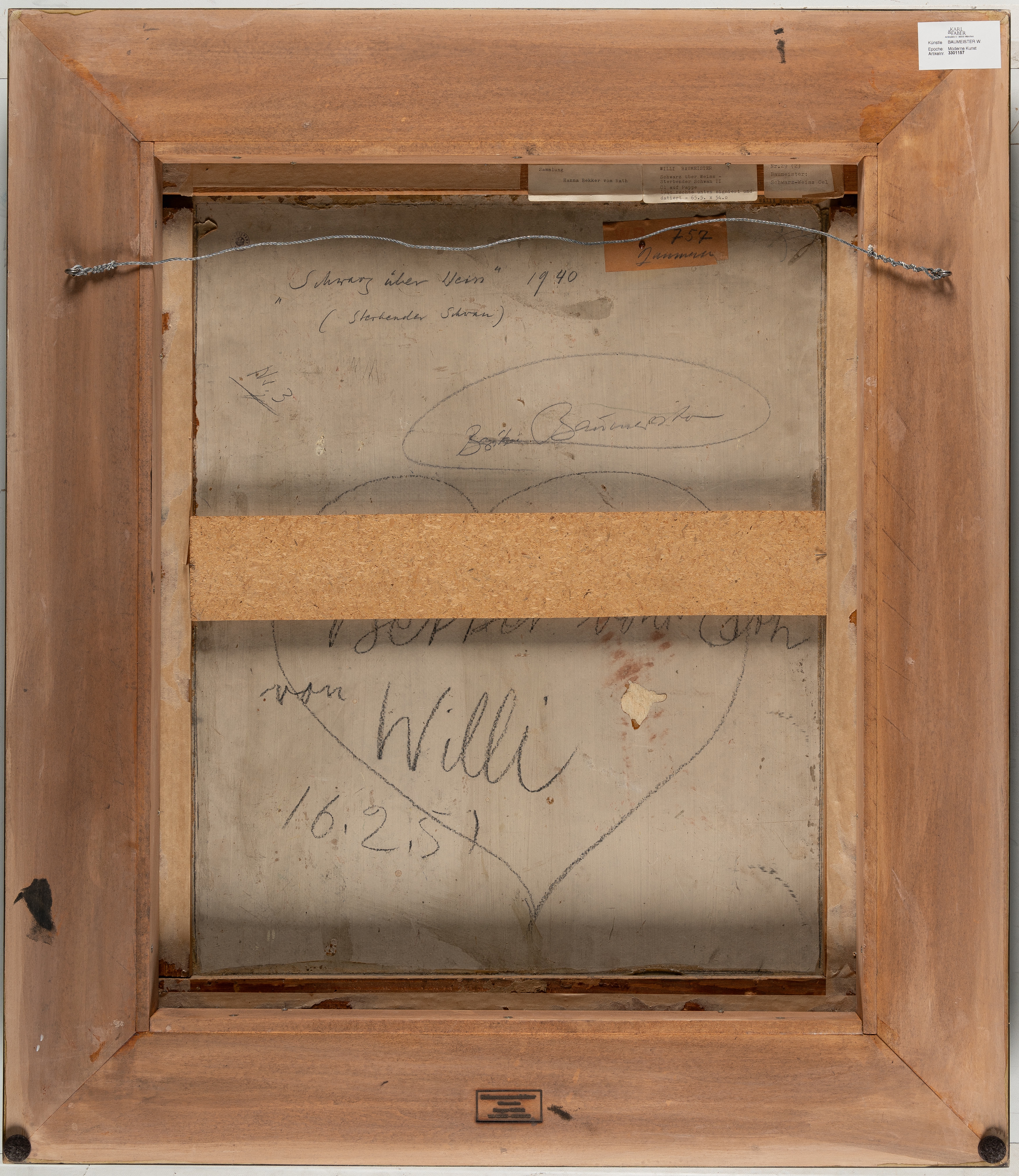 Artwork by Willi Baumeister, Schwarz über Weiss (Sterbender Schwan)” (Black over white (Dying Swan, Made of Oil on cardboard, mounted on wooden mouldings. 1940 C. 65.5 x 54 cm. Signed and dated lower right. Dated and titled again on the reverse, inscribed “Besitz Baumeister” and with the artist’s dedication dated “16.2.51” to Hanna Bekker vom Rath