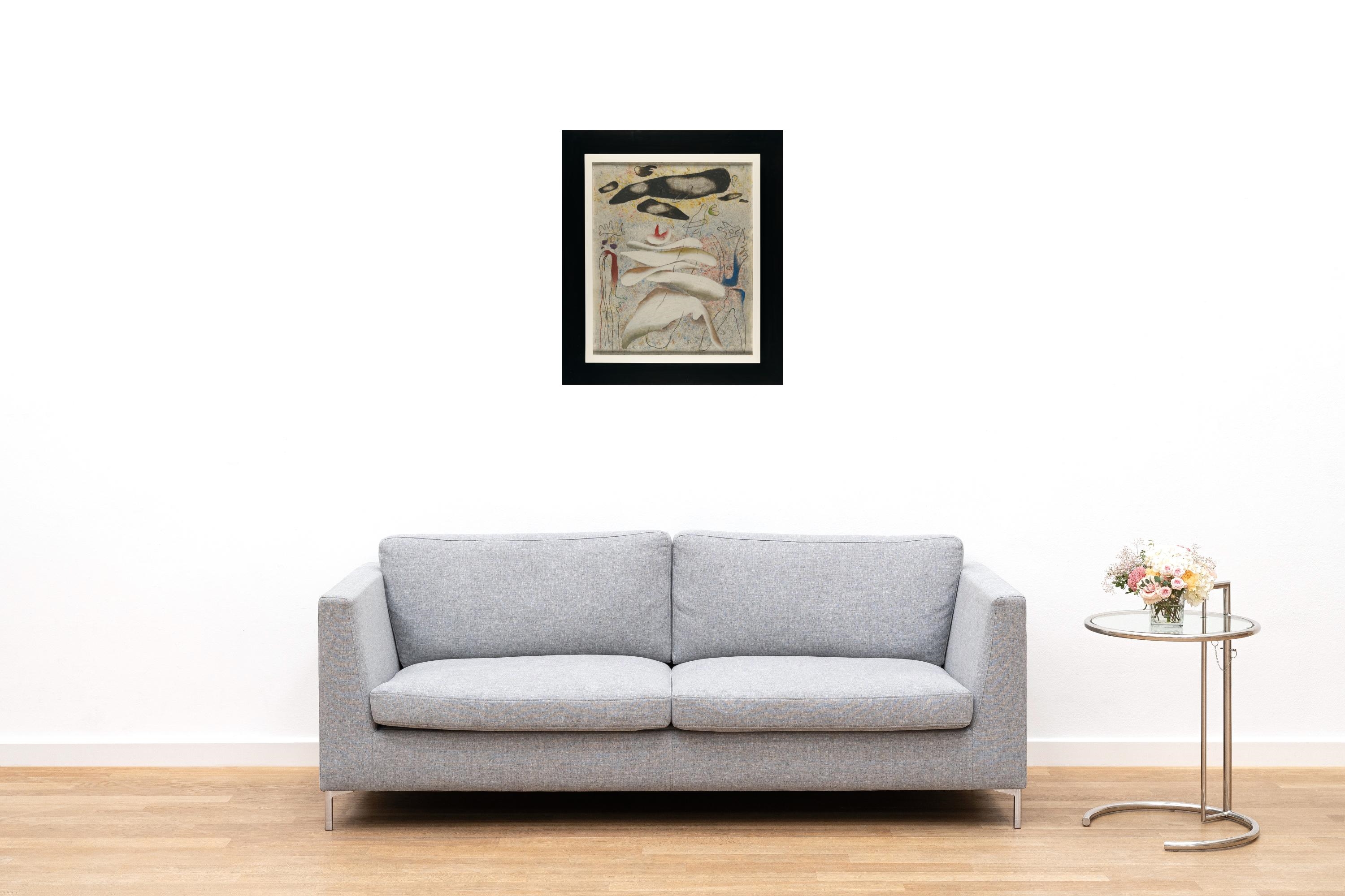 Artwork by Willi Baumeister, Schwarz über Weiss (Sterbender Schwan)” (Black over white (Dying Swan, Made of Oil on cardboard, mounted on wooden mouldings. 1940 C. 65.5 x 54 cm. Signed and dated lower right. Dated and titled again on the reverse, inscribed “Besitz Baumeister” and with the artist’s dedication dated “16.2.51” to Hanna Bekker vom Rath