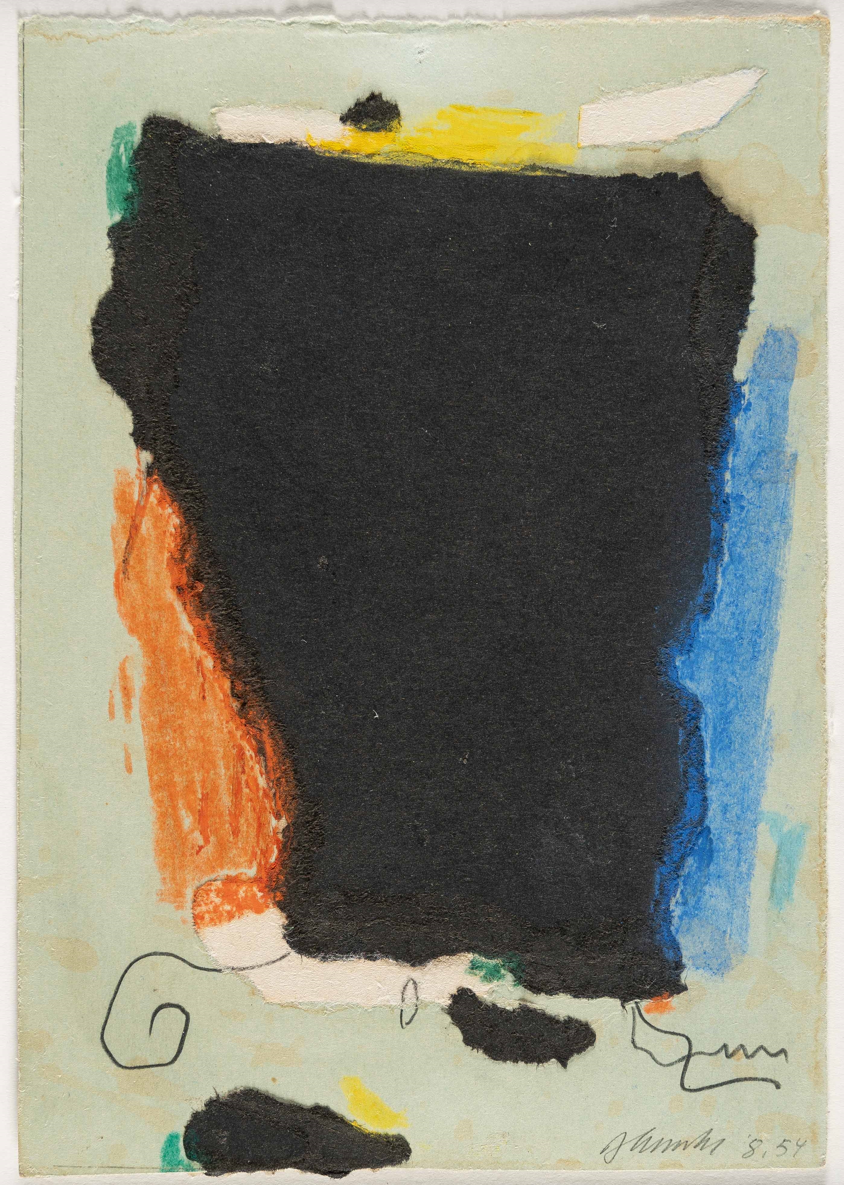 Artwork by Willi Baumeister, Montaru VIII. 1954, Made of Coloured chalk and collage with black and white toning paper on greenish cardboard. (19)54. C. 15.5 x 11 cm. Signed and dated “8.54” lower right