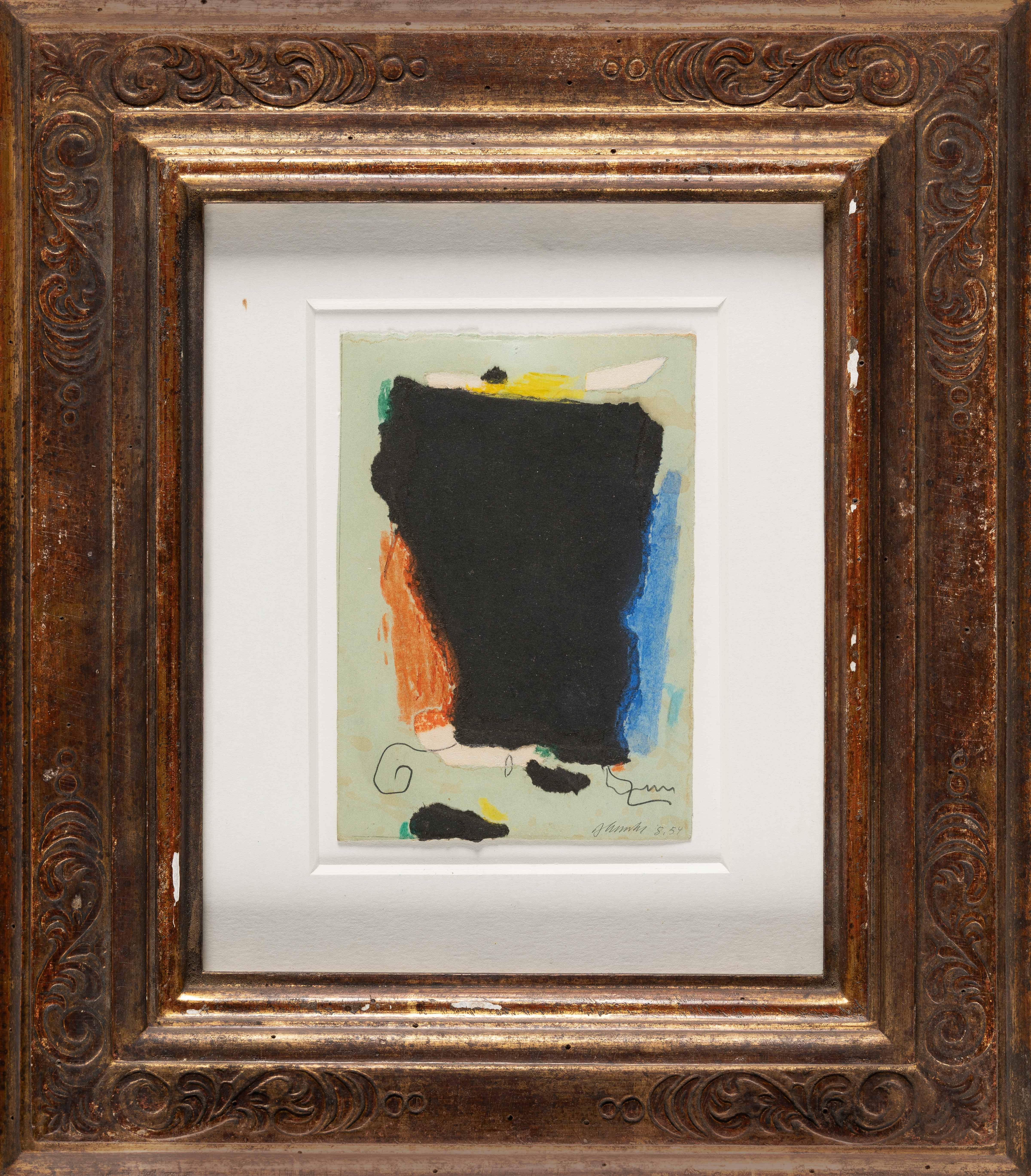 Artwork by Willi Baumeister, Montaru VIII. 1954, Made of Coloured chalk and collage with black and white toning paper on greenish cardboard. (19)54. C. 15.5 x 11 cm. Signed and dated “8.54” lower right