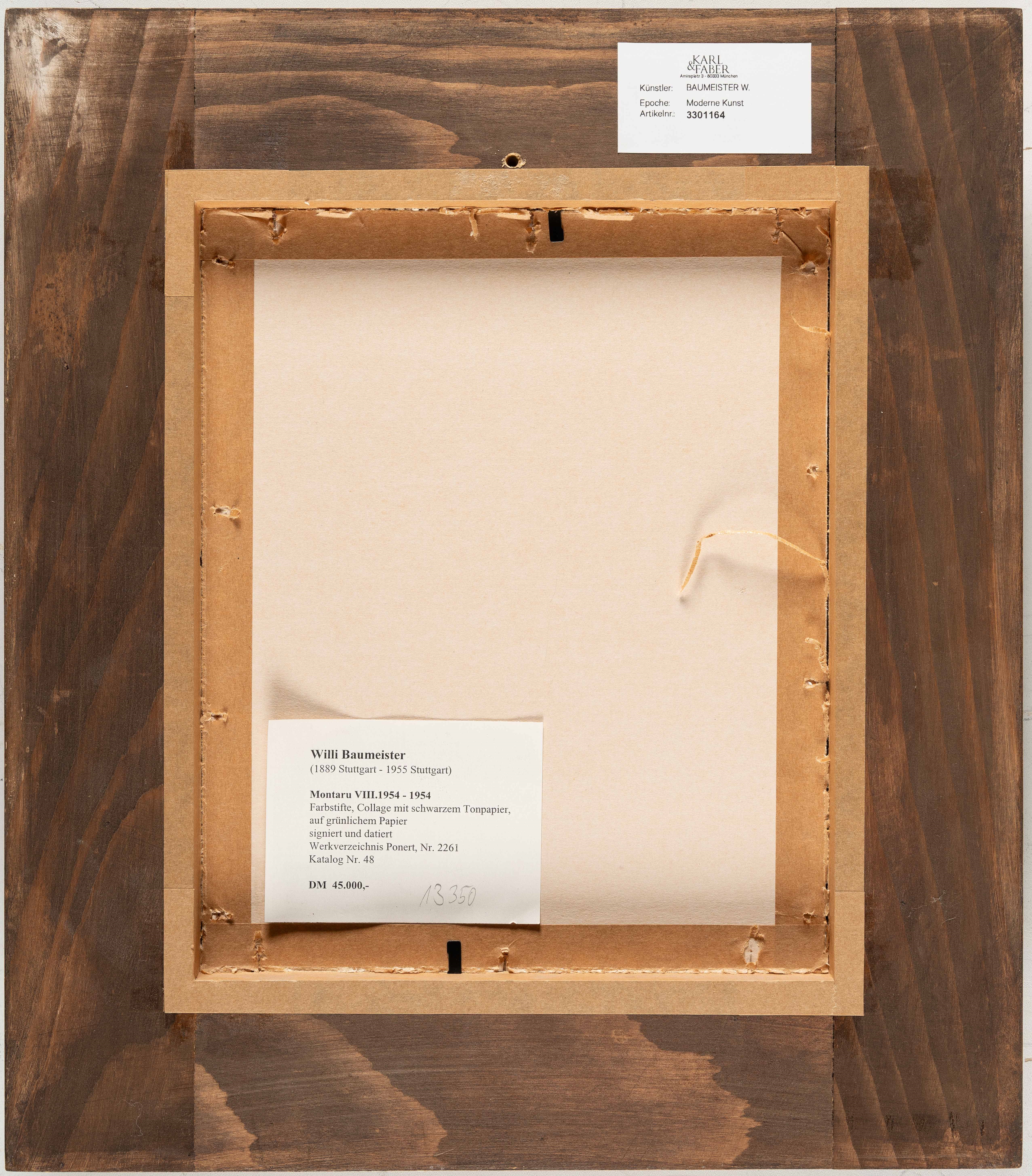 Artwork by Willi Baumeister, Montaru VIII. 1954, Made of Coloured chalk and collage with black and white toning paper on greenish cardboard. (19)54. C. 15.5 x 11 cm. Signed and dated “8.54” lower right