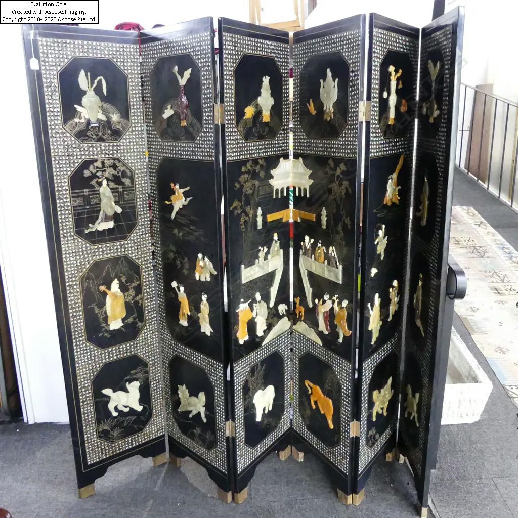 Chinese School | CHINESE SIX PANEL SCREEN DECORATED & INLAID WITH ...