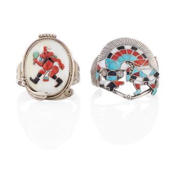 Two Zuni inlaid cuff bracelets - Alonzo Hustito