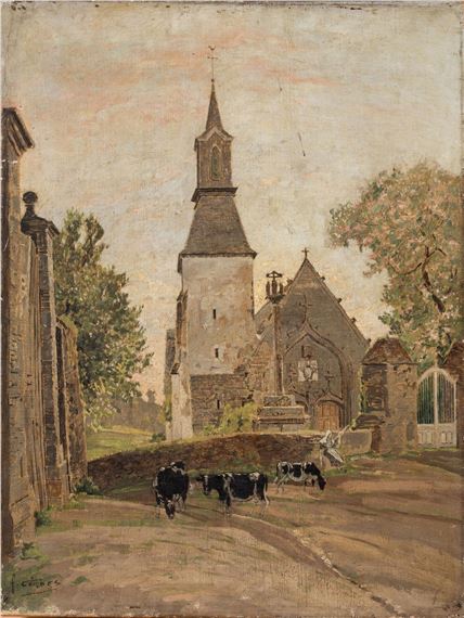 Fernand Combes | Fernand COMBES (1856-1943). Vaches devant une église ...