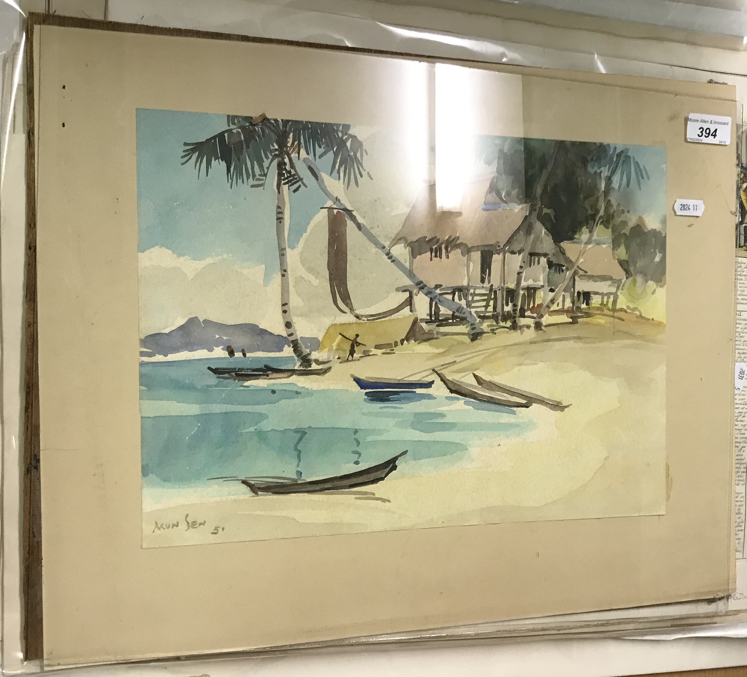 Artwork by Yong Mun Sen, Coastal scene with bamboo huts on stilts, Made of watercolour