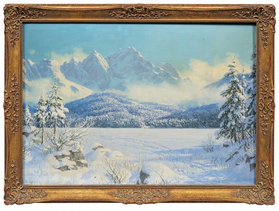 im Hintergrund erhebt sich das monumentale Hochgebirgspanorama des Wettersteingebirges mit Zugspitze. In Motiv und Stil charakteristische Impression des Münchner Malers by Rudolf Reschreiter, 1868