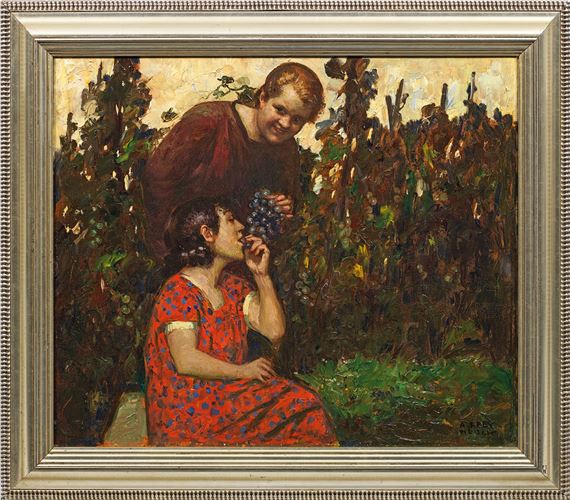 frisch gepflückten Weintrauben einer jungen by Adolf Frey-Moock, 1881