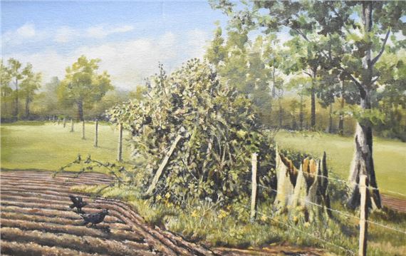 rural landscape with crows foraging at the corner of by Lawrence Grace