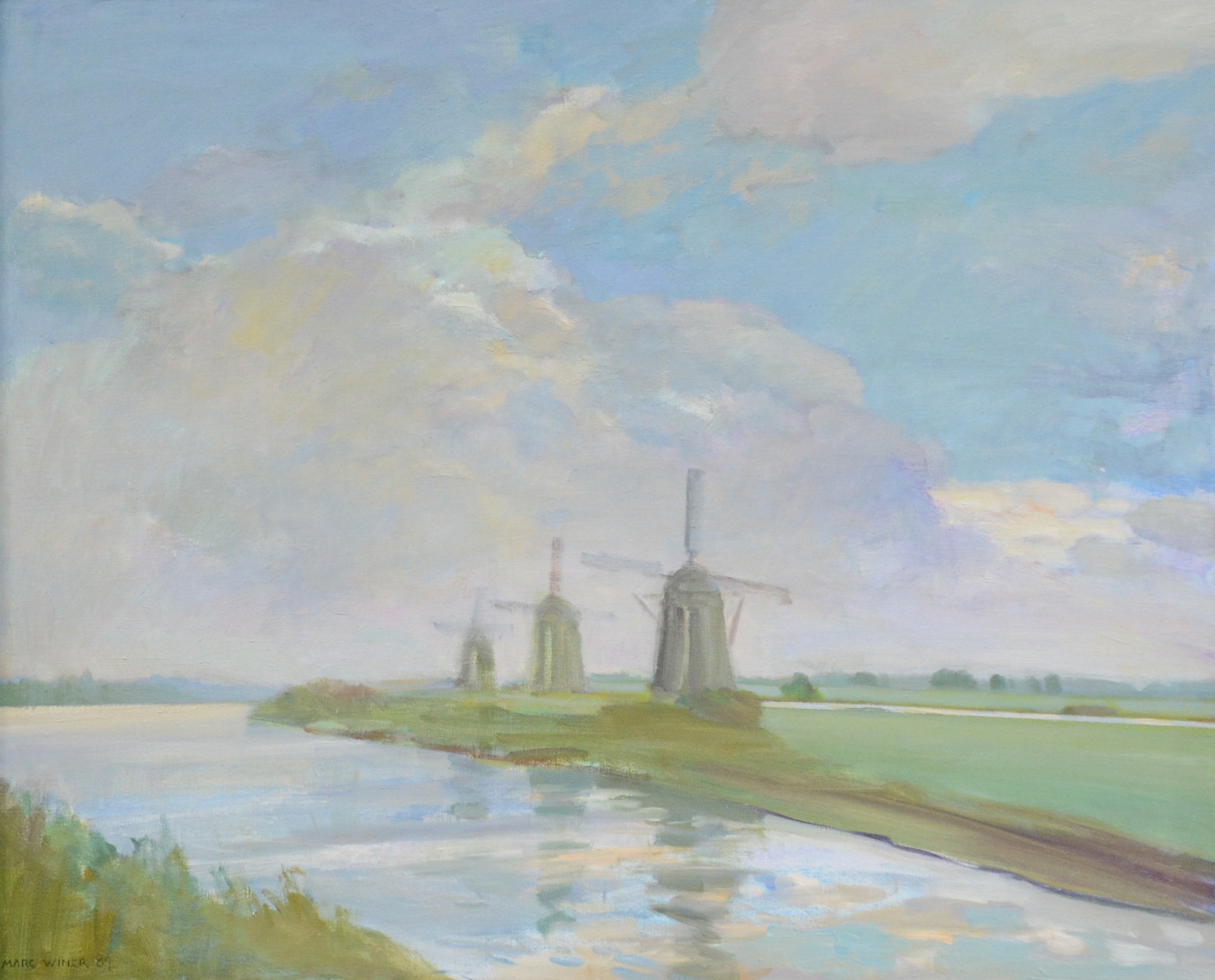 Artwork by Marc Winer, Windmills on a river, Made of oil on canvas