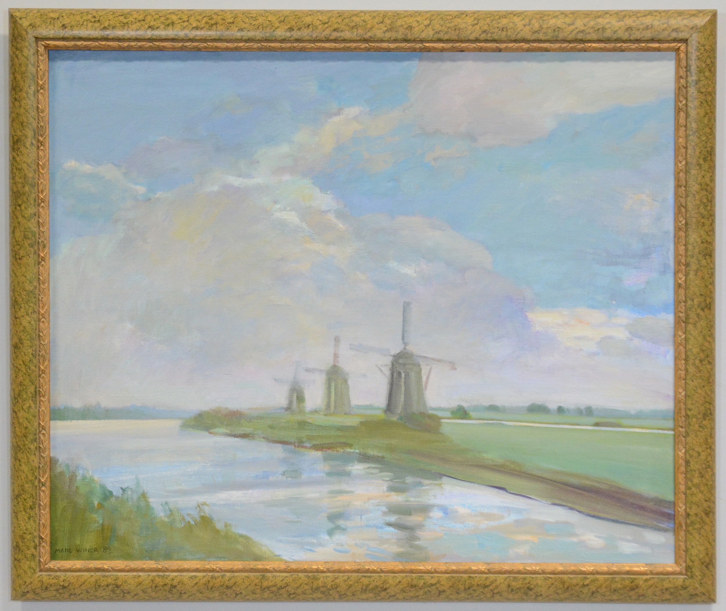 Artwork by Marc Winer, Windmills on a river, Made of oil on canvas