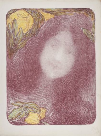 A portrait of a figure with long hair and floral elements rendered in soft, textured lines.