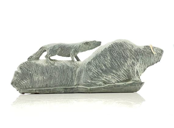 CAIN IQQRASA INUIT MUSKOX WOLF HAND CARVED SOAPSTONE SCULPTURE - Cain Iqqraqsaq