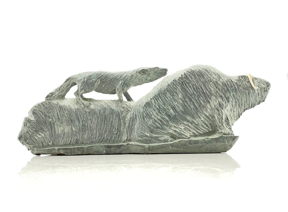 Artwork by Cain Iqqraqsaq, CAIN IQQRASA INUIT MUSKOX WOLF HAND CARVED SOAPSTONE SCULPTURE, Made of carved soapstone