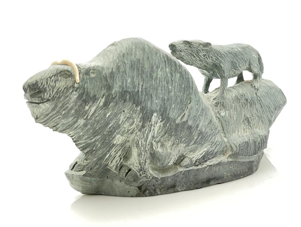 Artwork by Cain Iqqraqsaq, CAIN IQQRASA INUIT MUSKOX WOLF HAND CARVED SOAPSTONE SCULPTURE, Made of carved soapstone