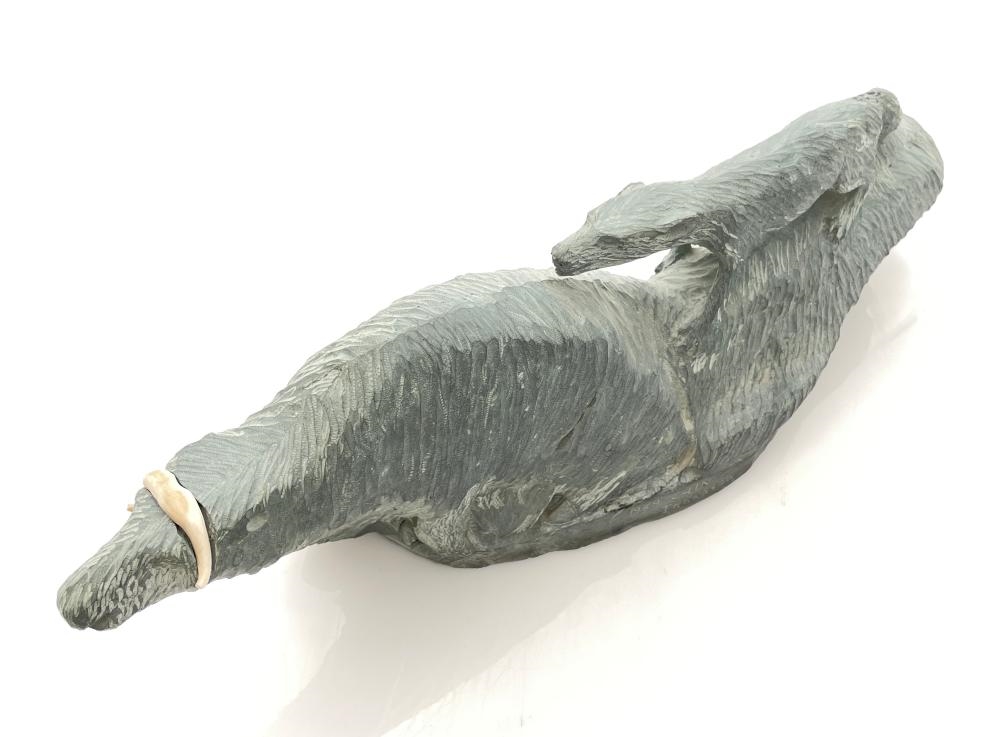 Artwork by Cain Iqqraqsaq, CAIN IQQRASA INUIT MUSKOX WOLF HAND CARVED SOAPSTONE SCULPTURE, Made of carved soapstone