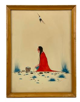 LARRY BIG BOW SEATED INDIAN GOUACHE - Larry Big Bow