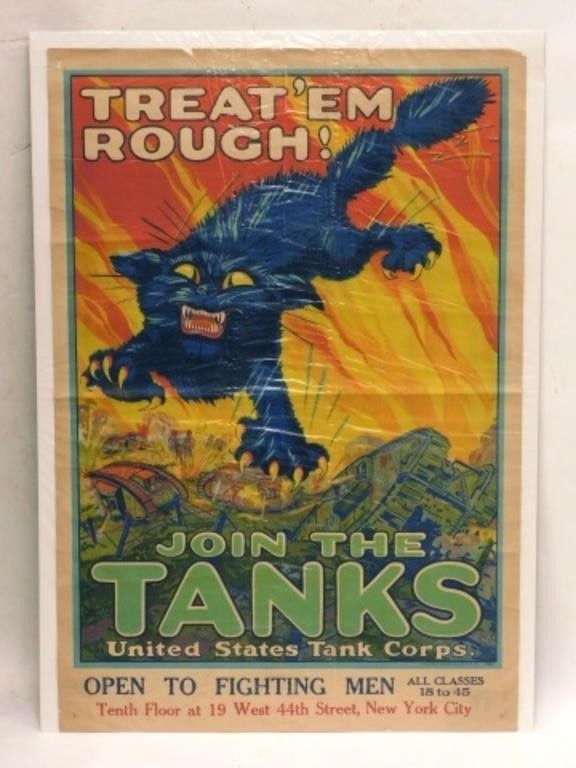 Artwork by August William Hutaf, Original WWI Tank Corps Recruitment Poster, Made of Engraving