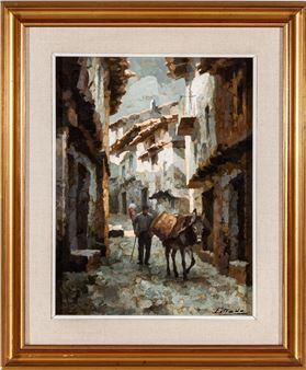 Calle de pueblo con burro - Angel Estrada