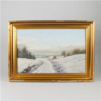 hus i vinterlandskap. Olja på duk - Fredrik Moe