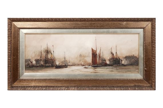 A framed maritime scene depicting a harbor filled with sailing vessels under an atmospheric sky.
