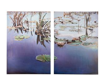 Pair of R Houdesheldt Lily Pads Oil on Canvas Paintings - R. Houdesheldt